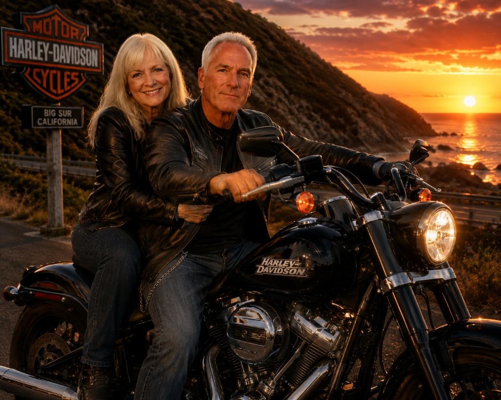 Barry Katznelson, owner of Hail Raisers, with his wife on a Harley-Davidson at Big Sur